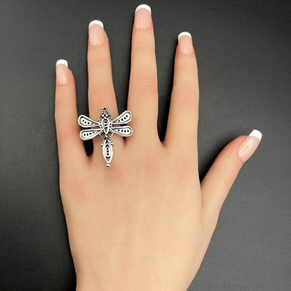 925 Sterling Silver Boho Style Detailed Dragonfly Statement Ring Size 6.5 - Picture 9 of 10